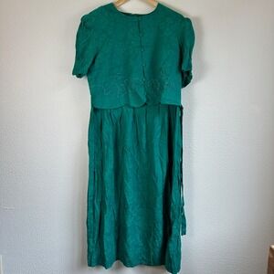 Vintage 80s Miss Dorby Midi Dress Womens 16P Green Good Jacquard Soutache 90s